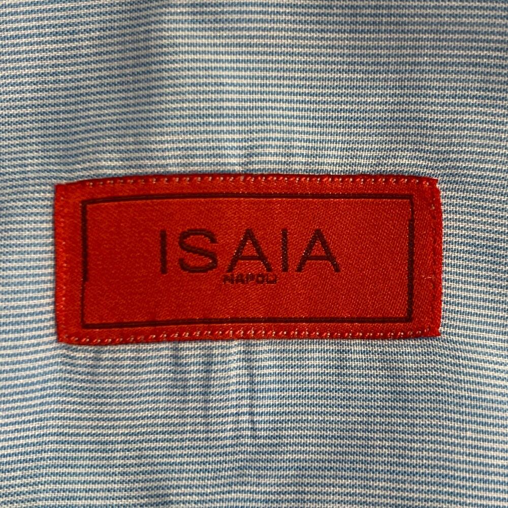 ISAIA Size S Blue White Stripe Cotton Spread Collar Long Sleeve Shirt - Picture 6 of 7